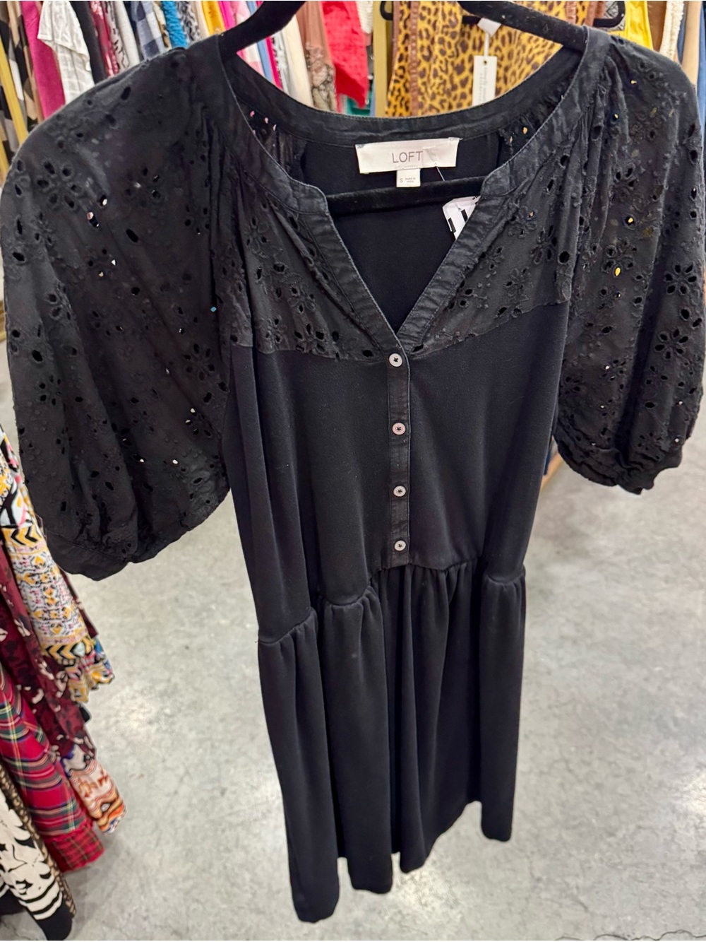LOFT Black Eyelet Puff Sleeve Midi Dress